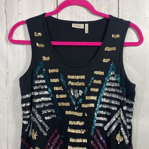 Logo By Lori Goldstein Sleeveless Sequins Black Multi Festive Tunic Top - Picture 2 of 12